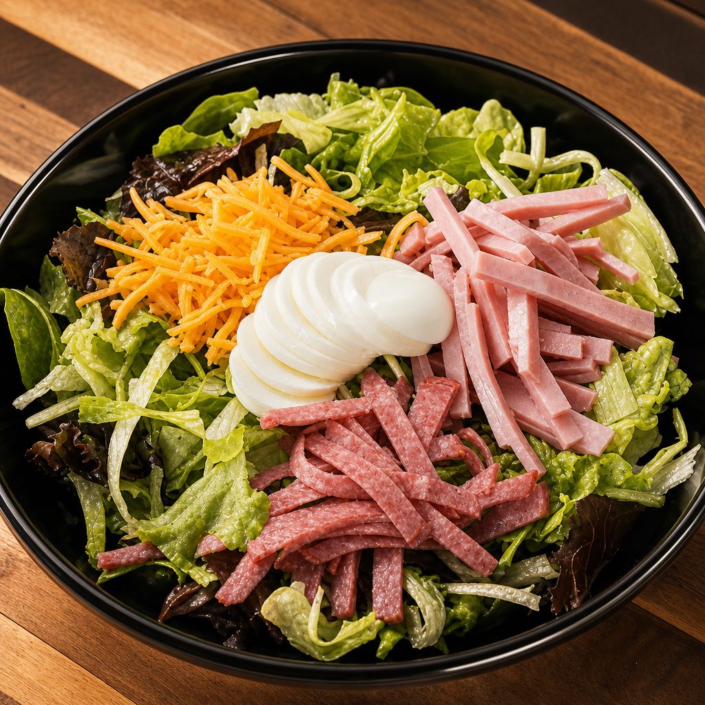 Deli Chef Salad. Made with a mix of iceberg lettuce, cabbage and carrots..